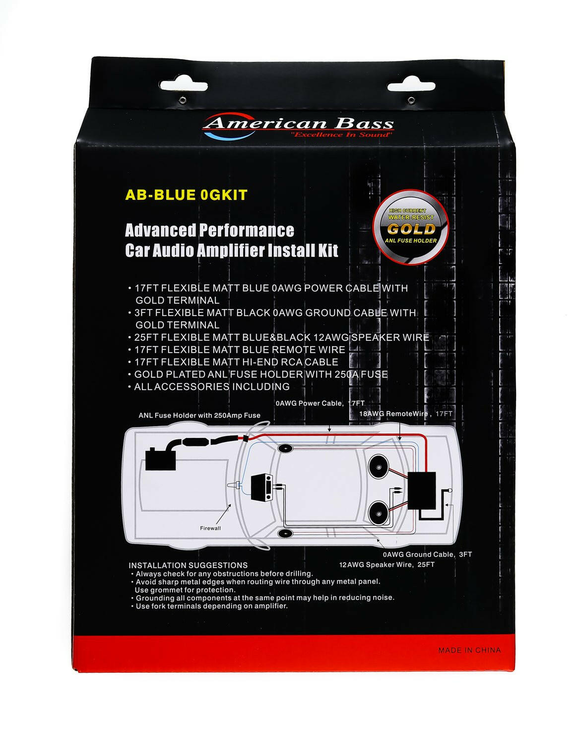 American Bass 0 Gauge Complete CCA (Copper Clad Aluminum) Amplifier Wiring Kit - Car Audio Amp Install Kit with Power, Ground & RCA Cables