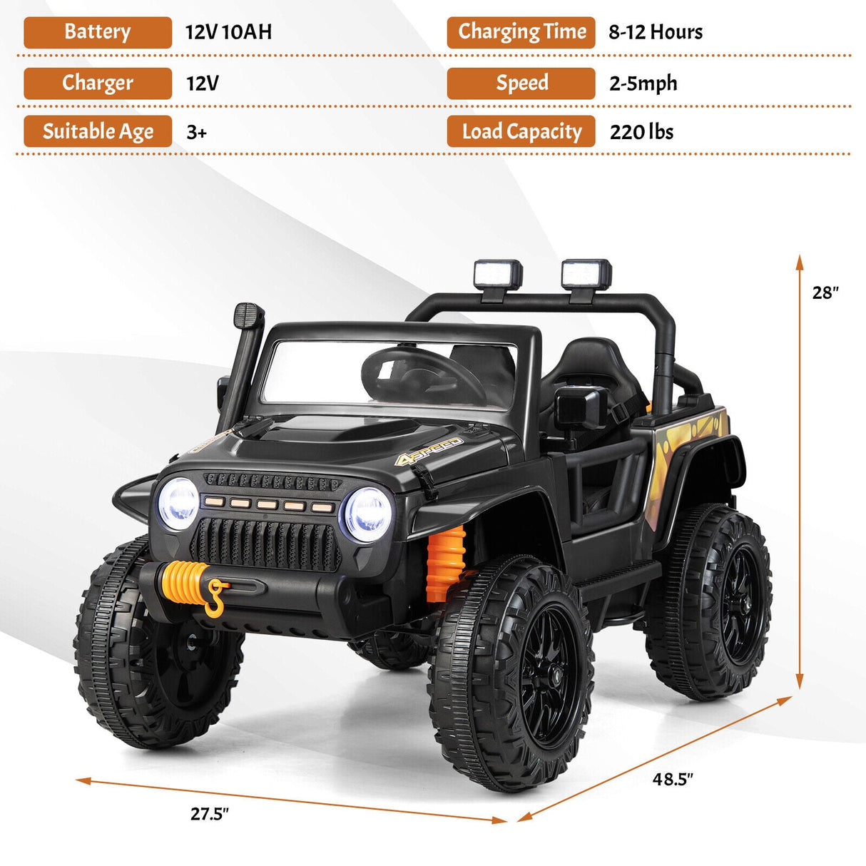 Black Parent-Child Ride On Truck Car with Remote Control, LED Lights, and Music - 12V 10AH