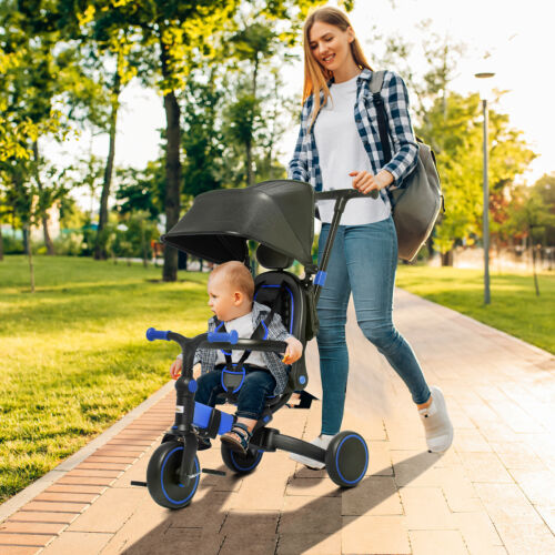 Blue Qaba Toddler Tricycle with Adjustable Push Handle and Durable Aluminum Frame