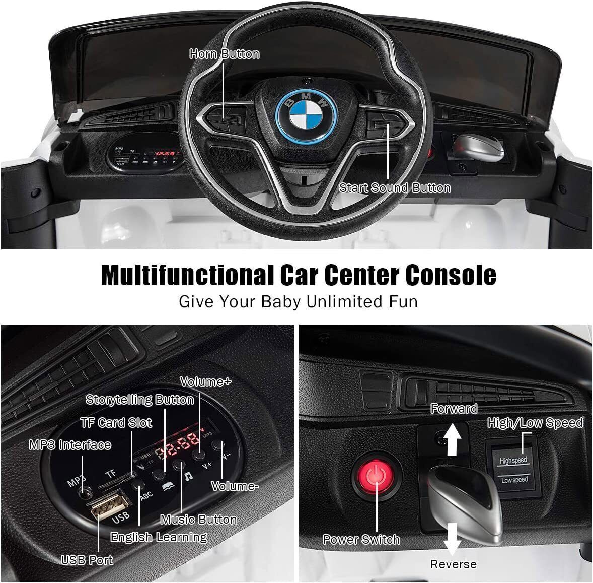 BMW I8 Electric Ride-On Car for Kids with Remote Control and MP3 Player - White