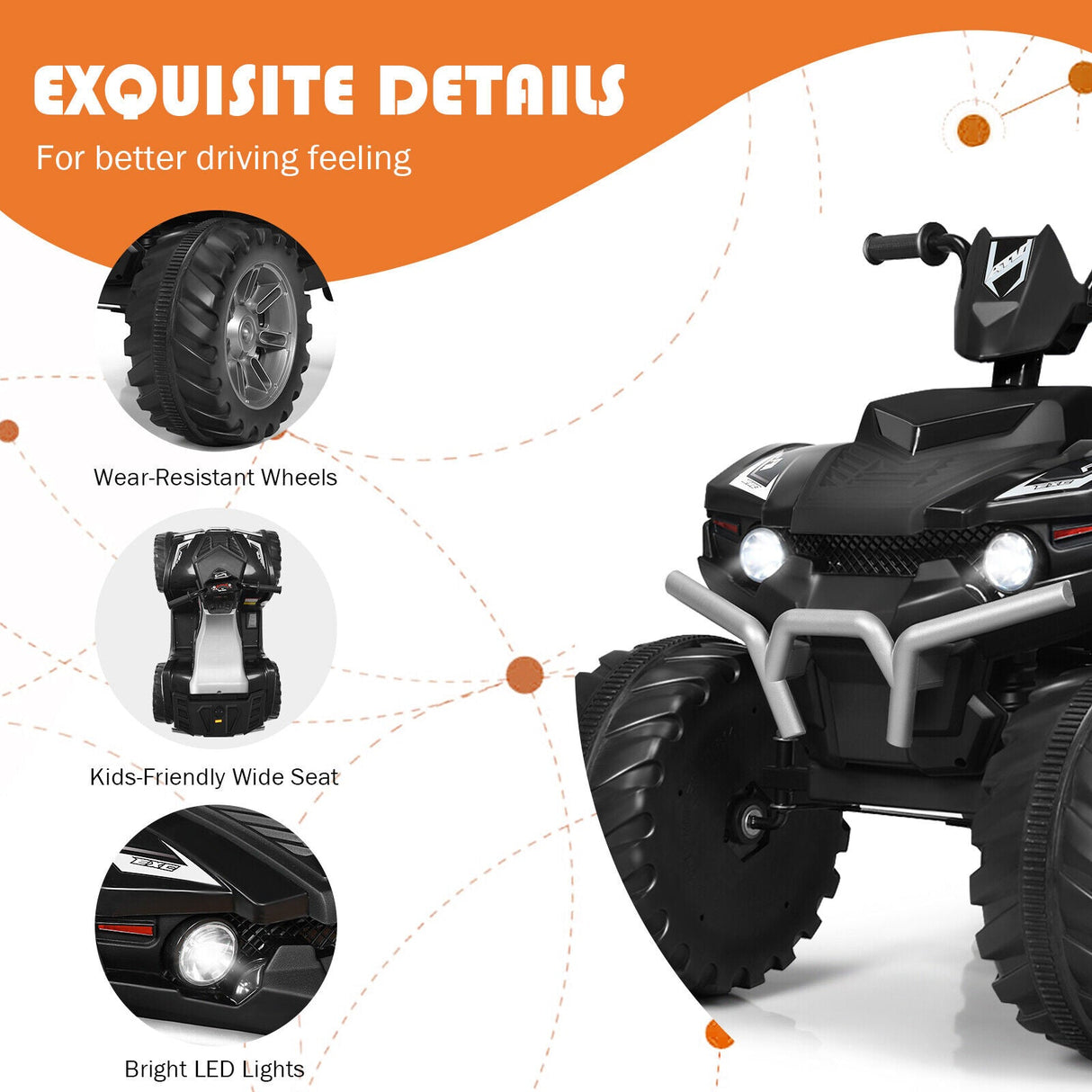 Costway 12V Kids ATV Quad Ride On Car with LED Light & Music - Black
