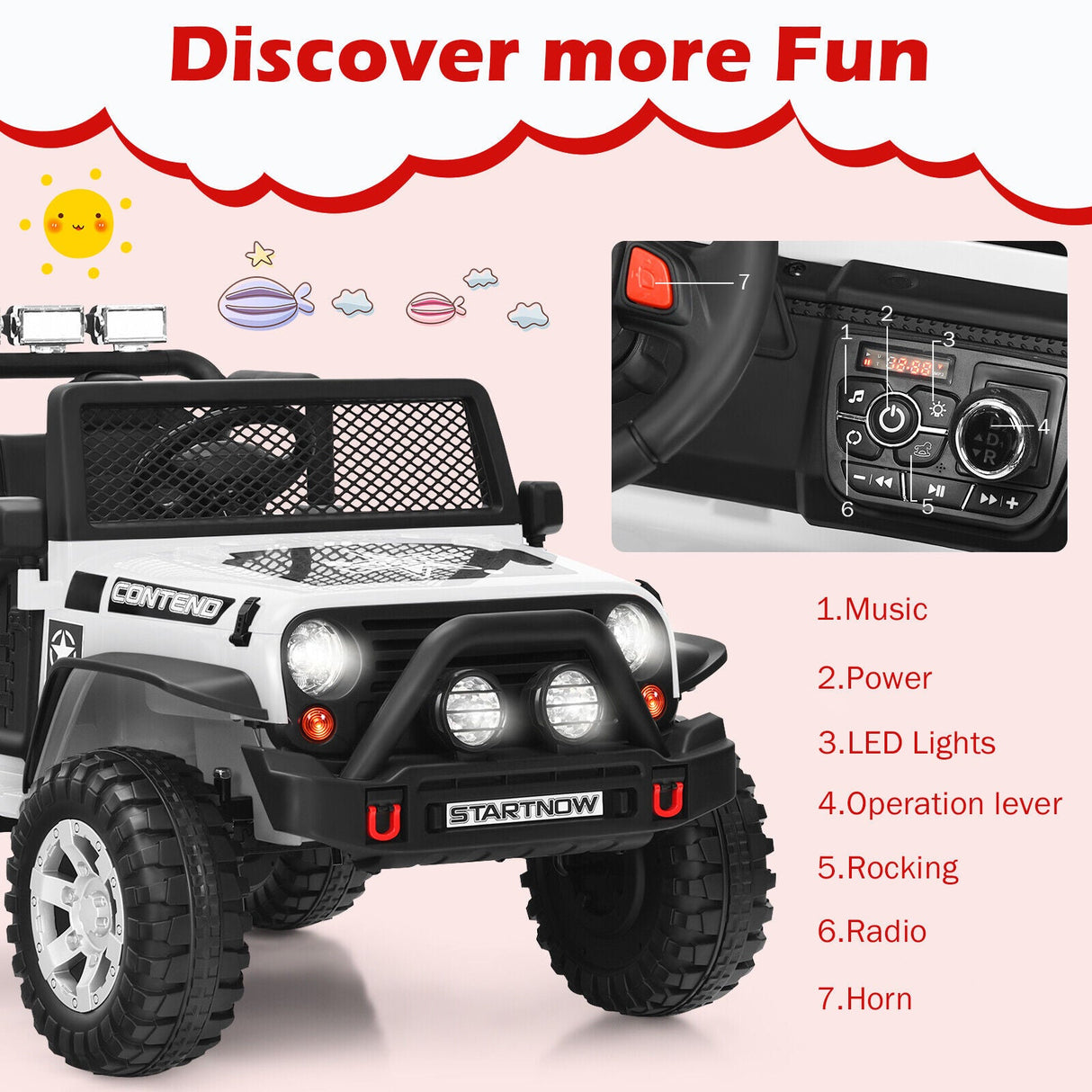 Costway 12V Kids Ride On Truck with Remote Control, Lights, and Music - White