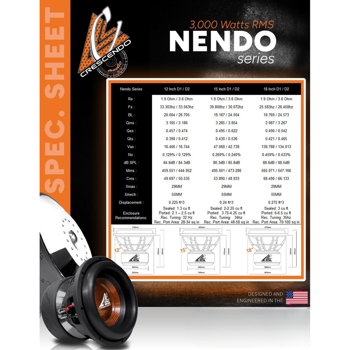 Crescendo Audio NENDO 12" 3000W RMS Subwoofer DVC Crescendo Audio