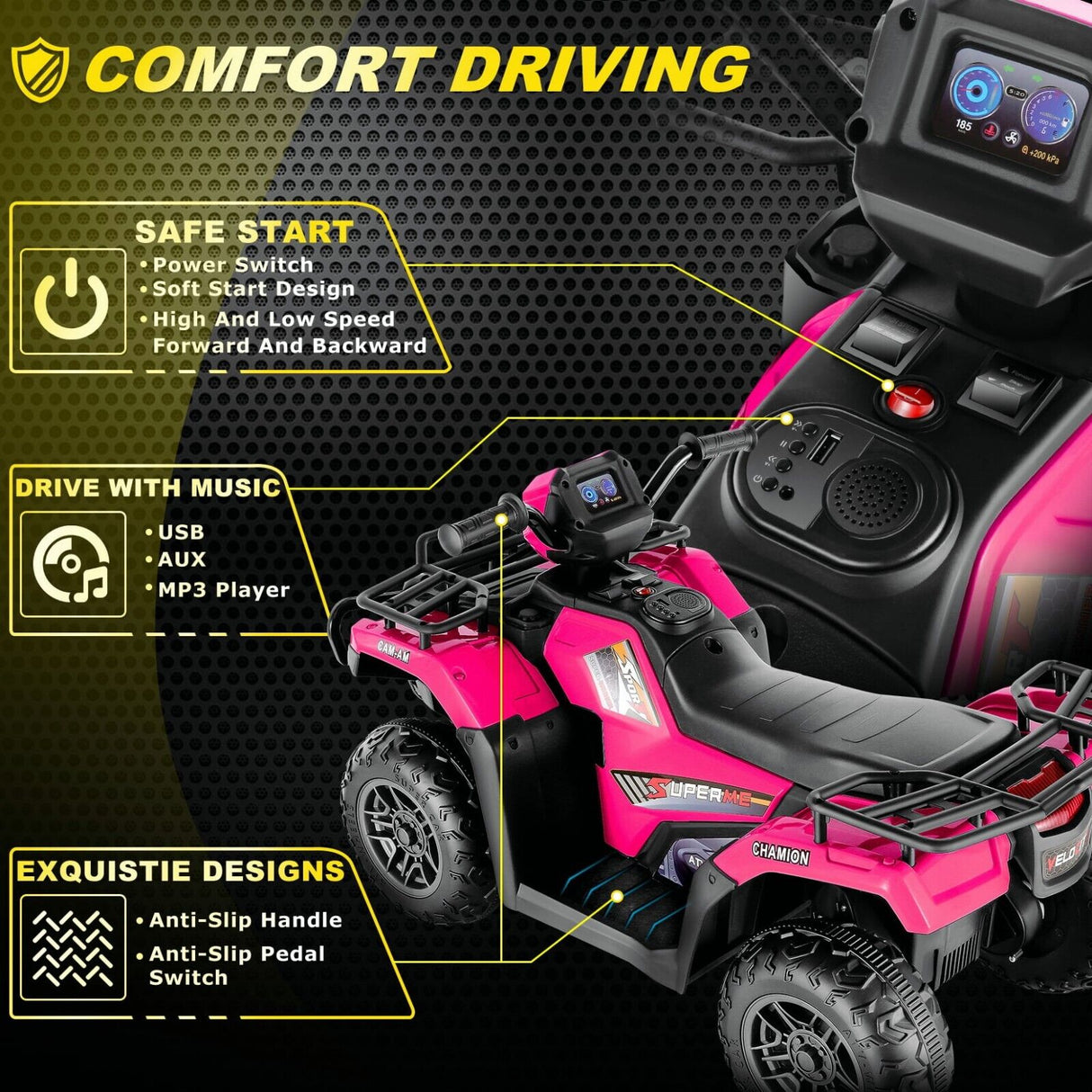 Electric 4-Wheeler Quad Car for Kids with MP3 & Light - 12V Battery Powered