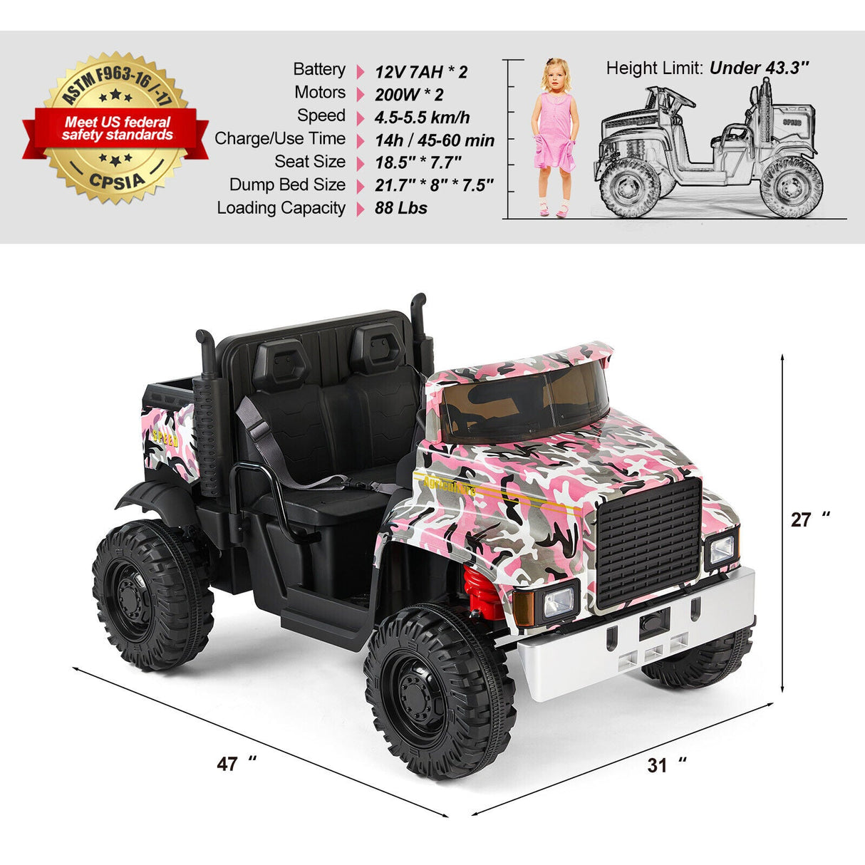 Electric 2-Seater Kids Ride On Truck Tractor with Trailer and Remote Control - 3 Speeds, Pink