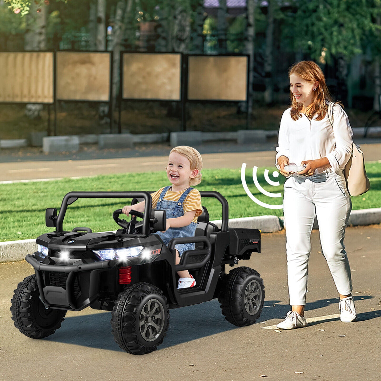 Electric 2 Seater UTV Dump Truck with Remote Control, Dump Bed, and Shovel - Black