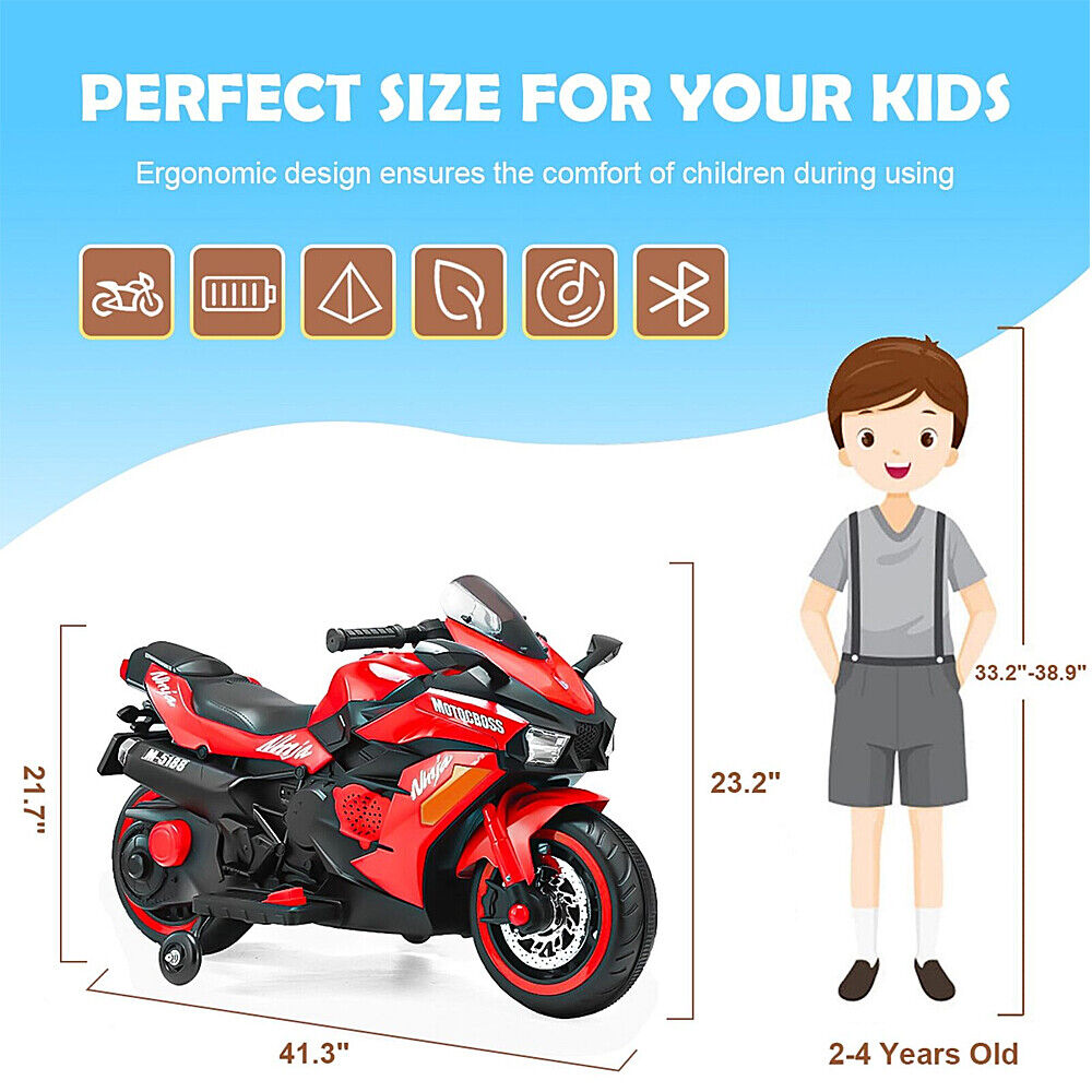 Electric 2-Wheel Kids Motorbike with Music and LED Lights - 12V Battery Powered