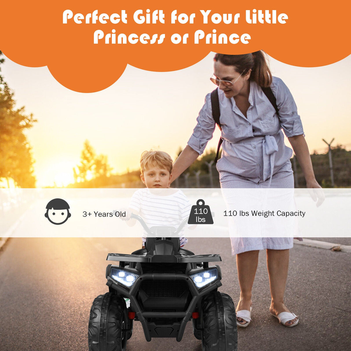 Electric 4-Wheeler ATV Quad for Kids with 2 Speeds, MP3 Player, and LED Lights - Black
