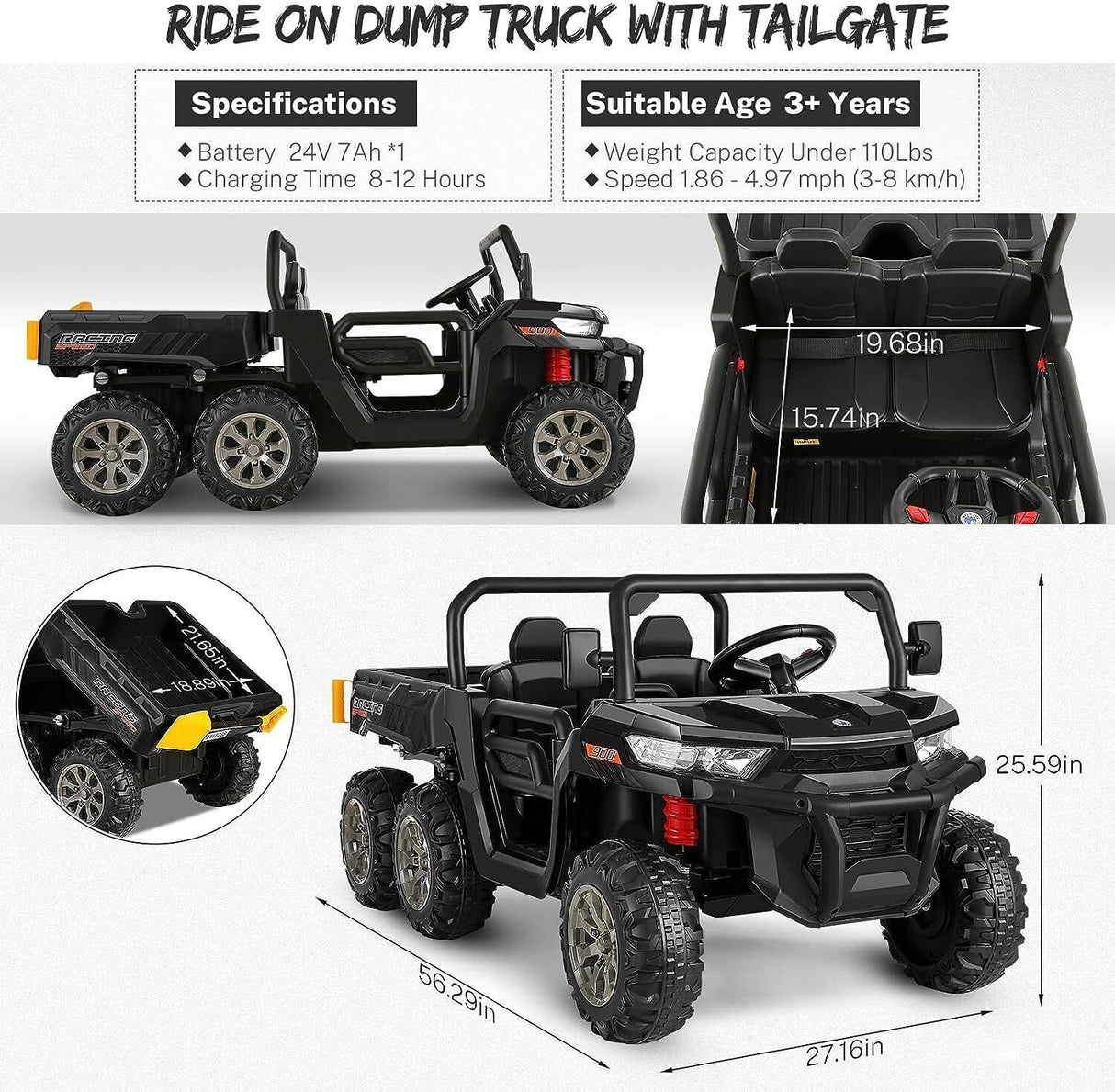 2 Seater 24V Electric Ride-On Tractor with Dump Bed and 4WD