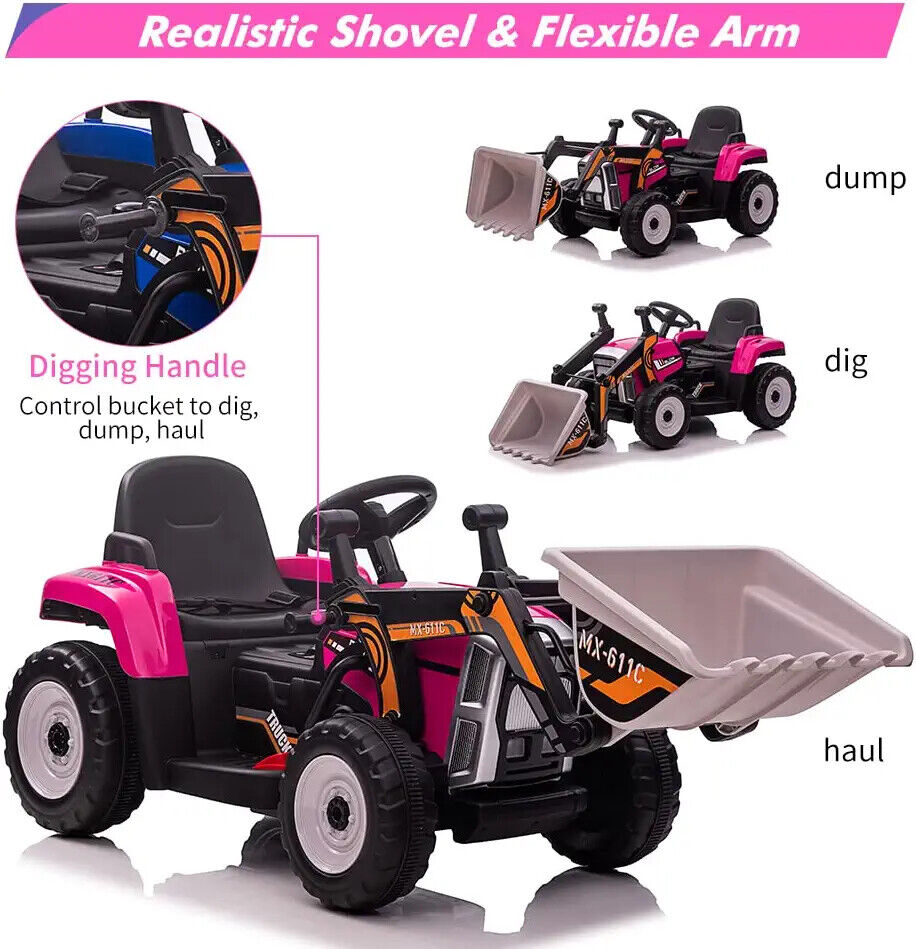 Electric Ride-On Excavator Tractor for Kids with Battery-Powered Digger and LED Lights