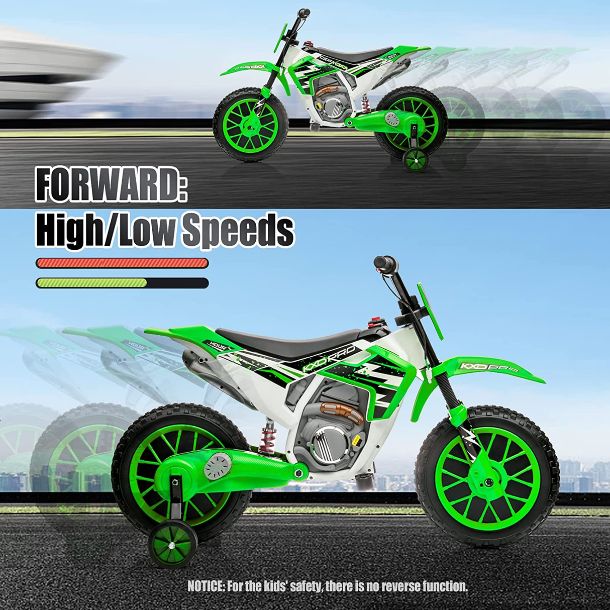 Electric Kids Dirt Bike with Training Wheels - 12V7AH Battery Powered, 2 Speeds