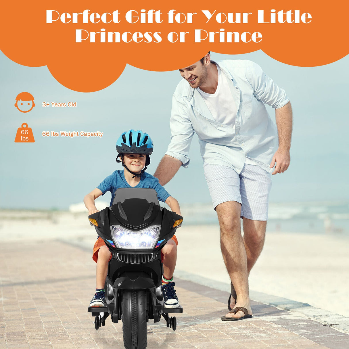 Electric Kids Ride-On Motorcycle with Training Wheels and Lights - Black
