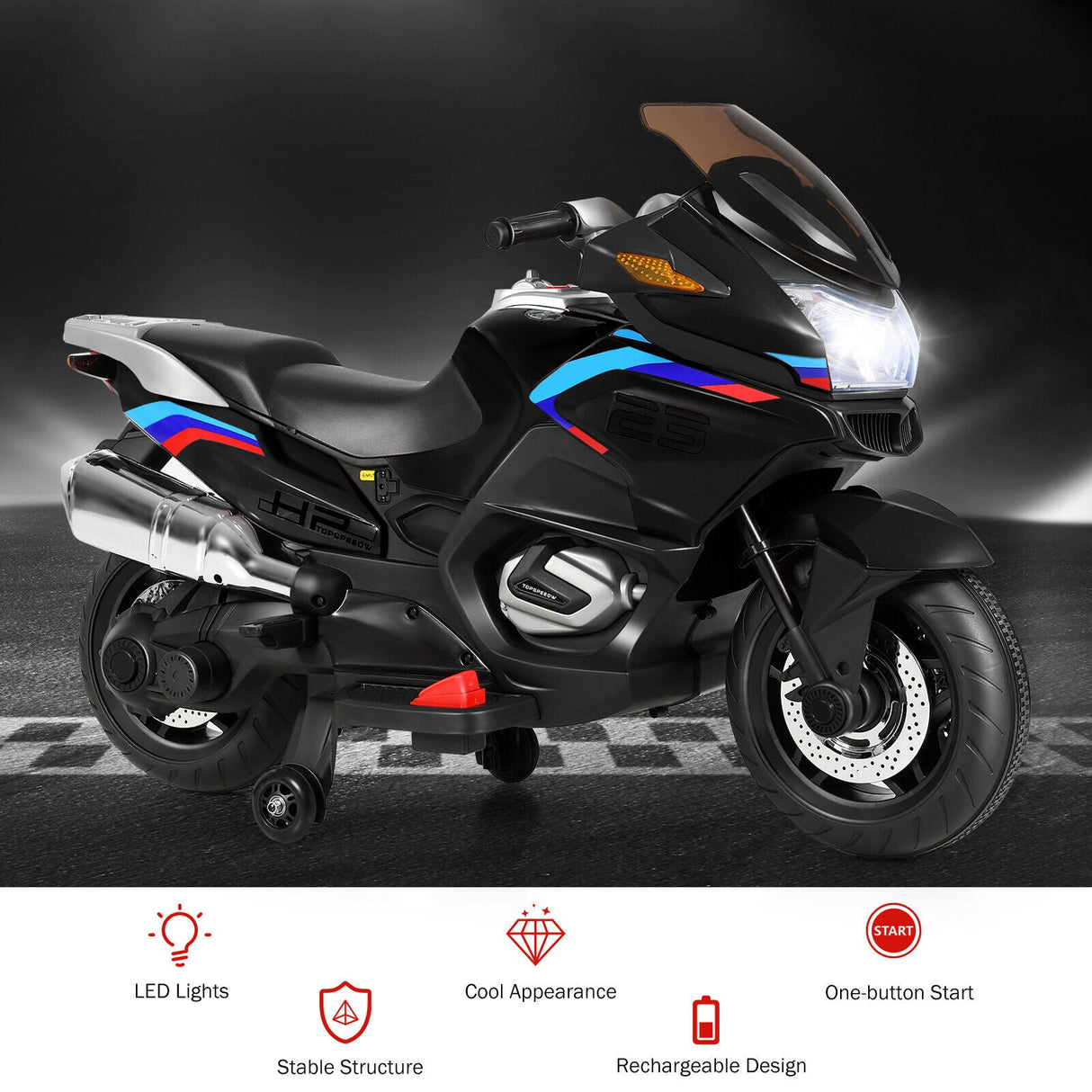 Electric Kids Ride-On Motorcycle with Training Wheels and Lights - Black