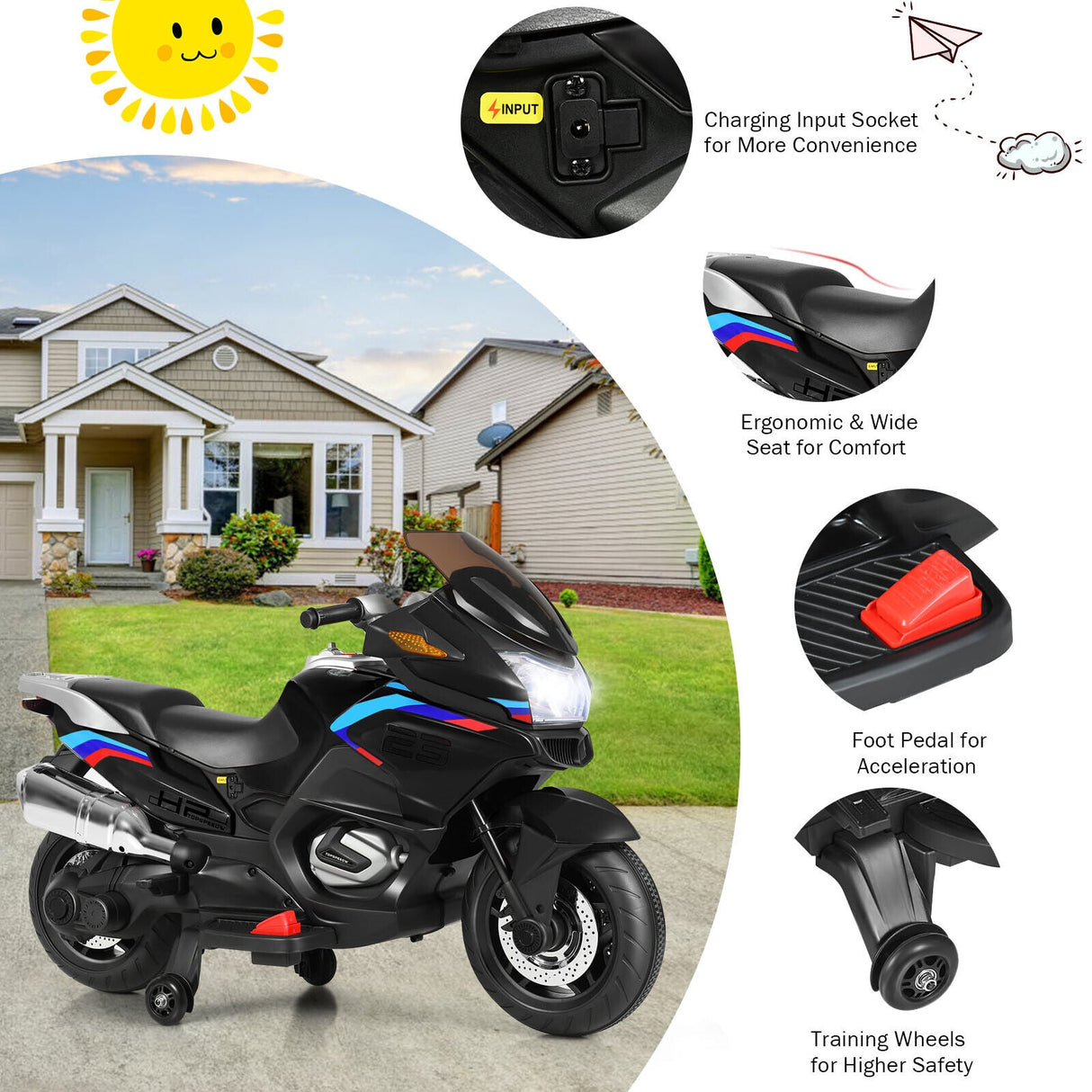 Electric Kids Ride-On Motorcycle with Training Wheels and Lights - Black