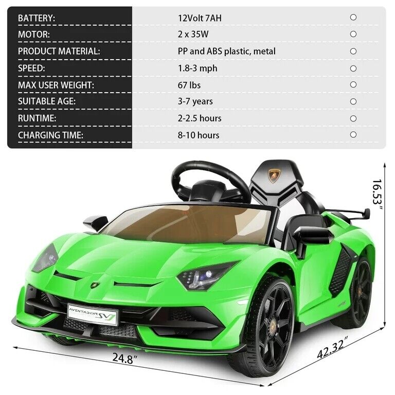 12V Lamborghini Kids Electric Ride On Car with Remote Control, MP3 Player & LED Lights