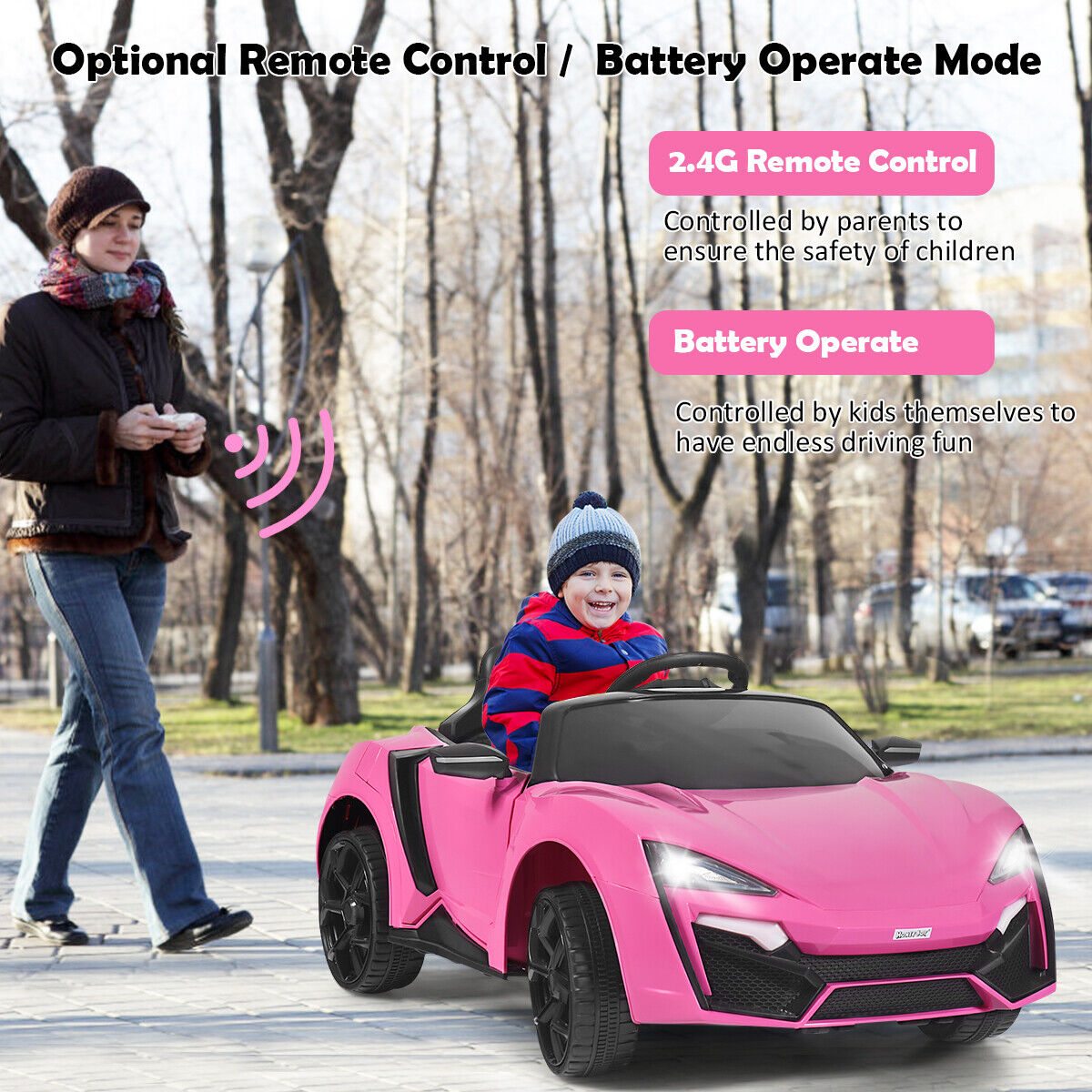 Electric Pink Ride-On Car for Kids with Remote Control, Lights, MP3 Player, and Openable Doors
