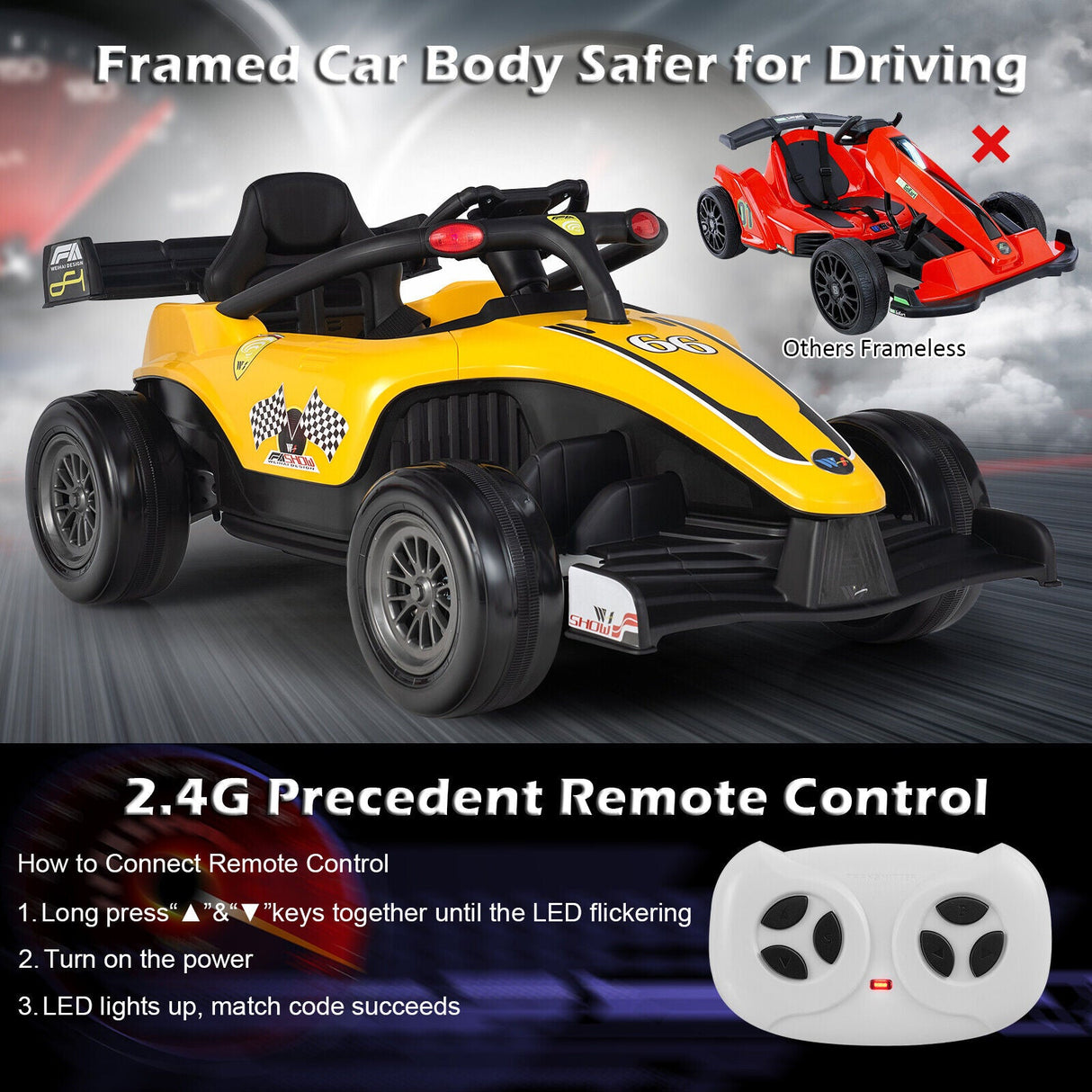Electric Racing Truck for Kids with Remote Control, MP3 Player, and Lights - Yellow