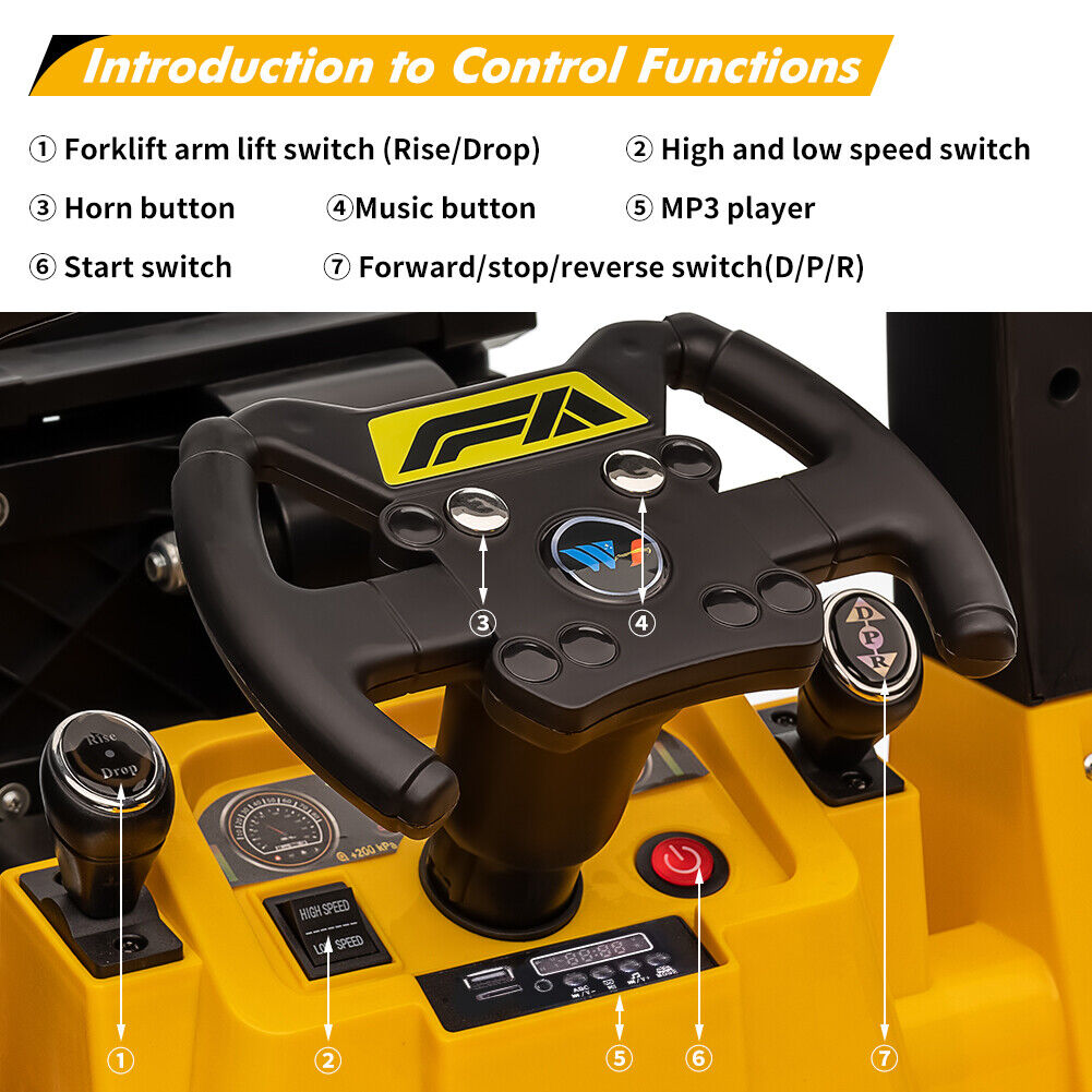 Electric Ride-On Construction Forklift with Remote Control and Built-In Music - 12V