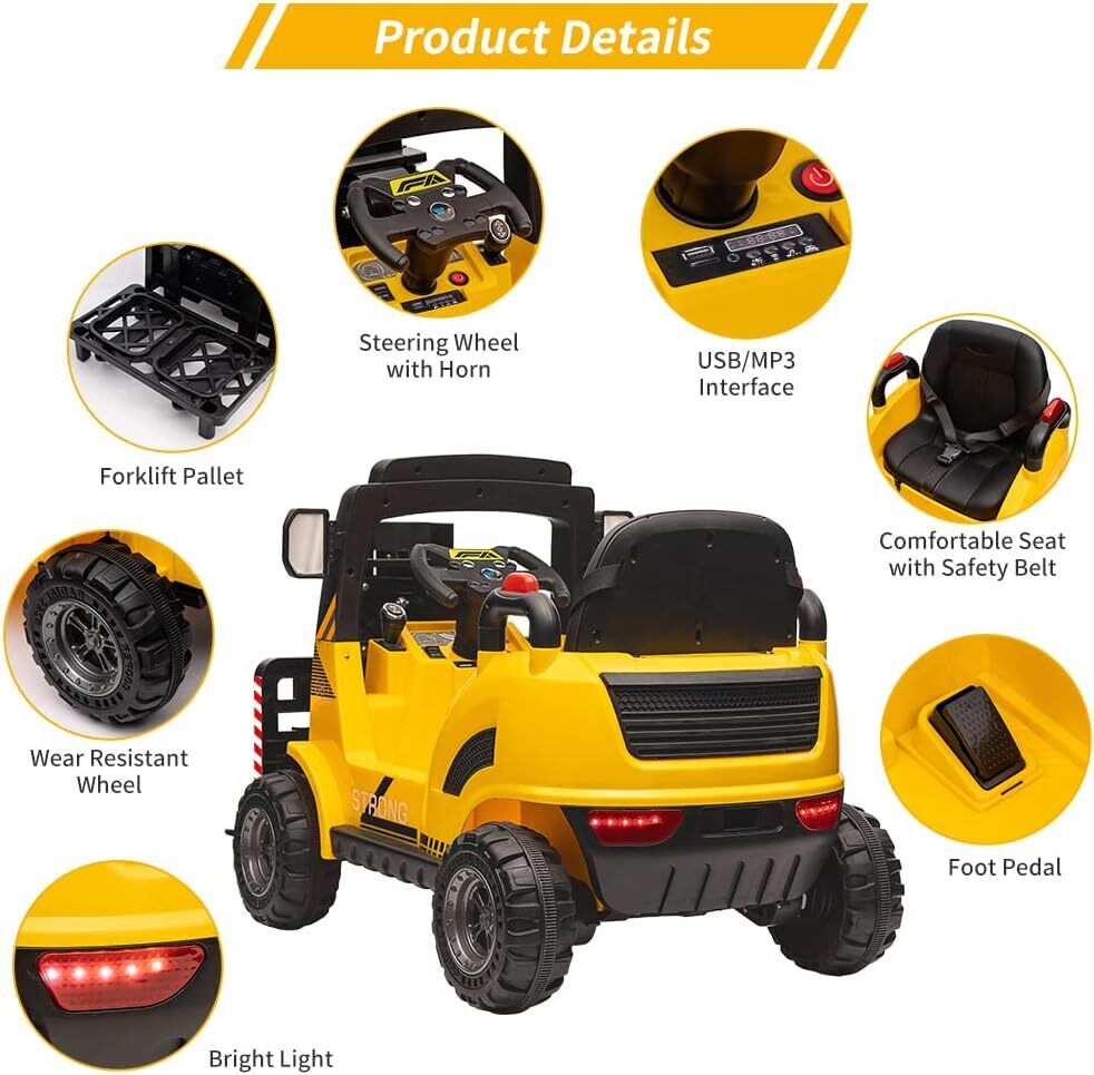 Electric Ride-On Construction Forklift with Remote Control and Built-In Music - 12V