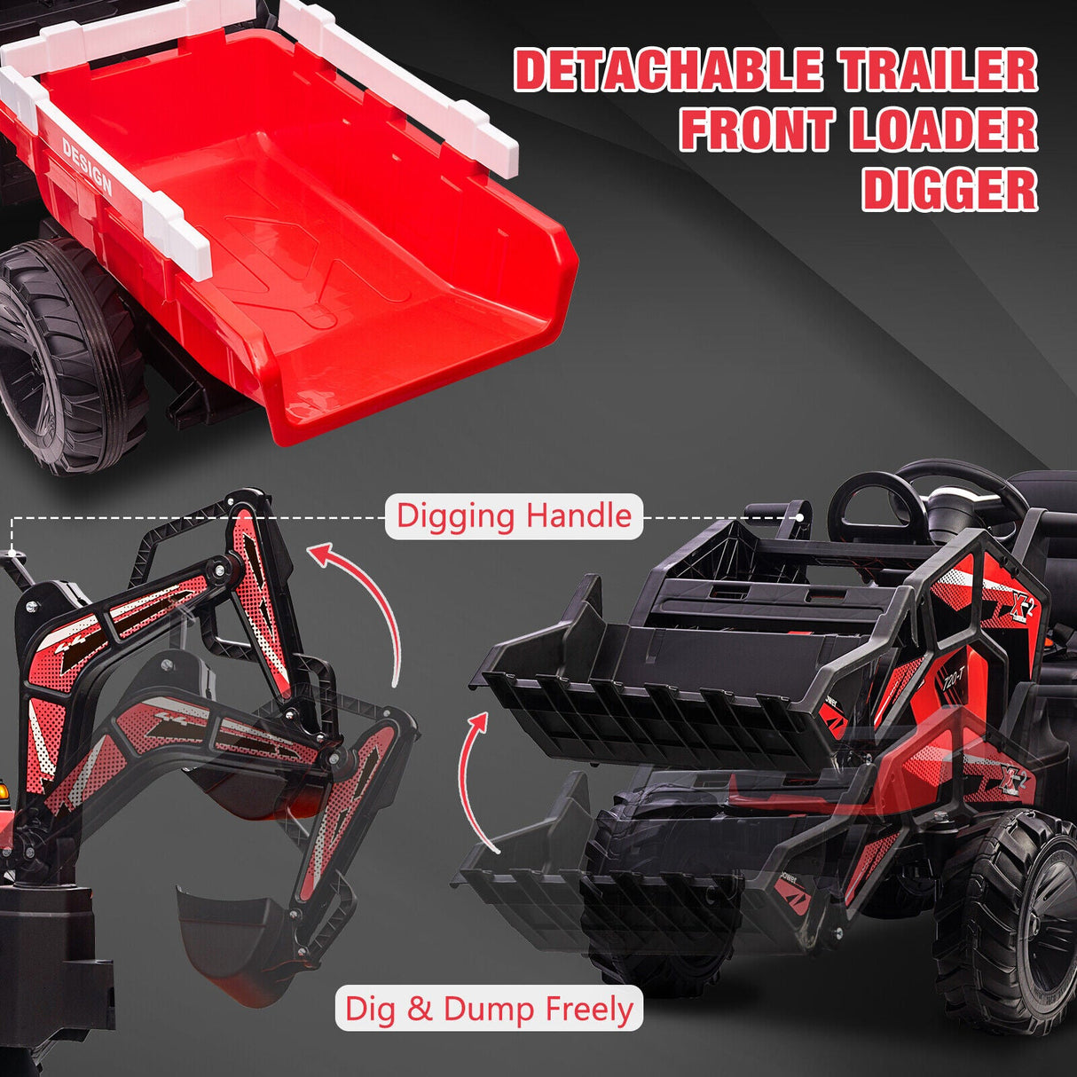 Electric Ride-On Tractor with Excavator, Bulldozer, and Trailer for Kids (24V)