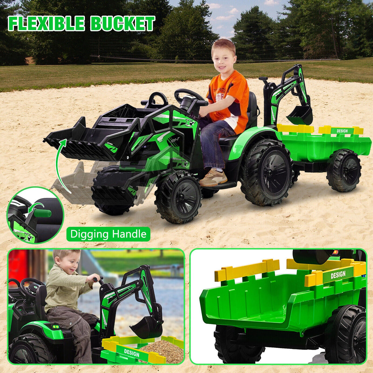 Electric Ride-On Tractor with Excavator, Bulldozer, and Trailer for Kids (24V)