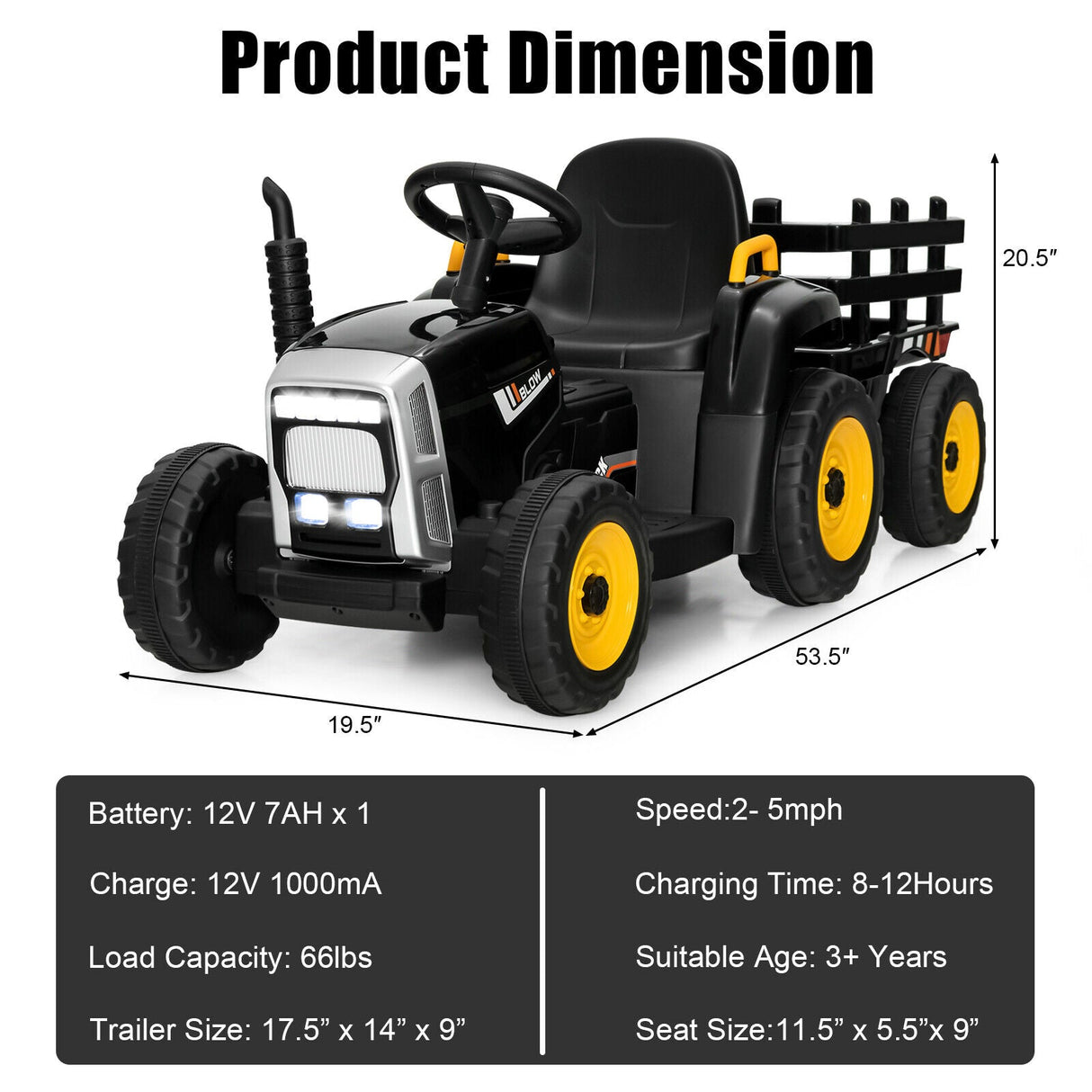 Electric Ride-On Tractor with Trailer and Remote Control - Black