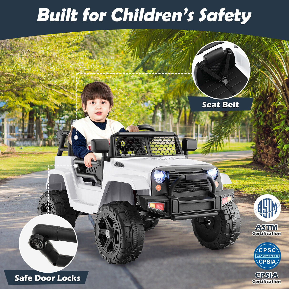 Electric Ride-On Truck for Kids with Remote Control, Lights, and Music - White
