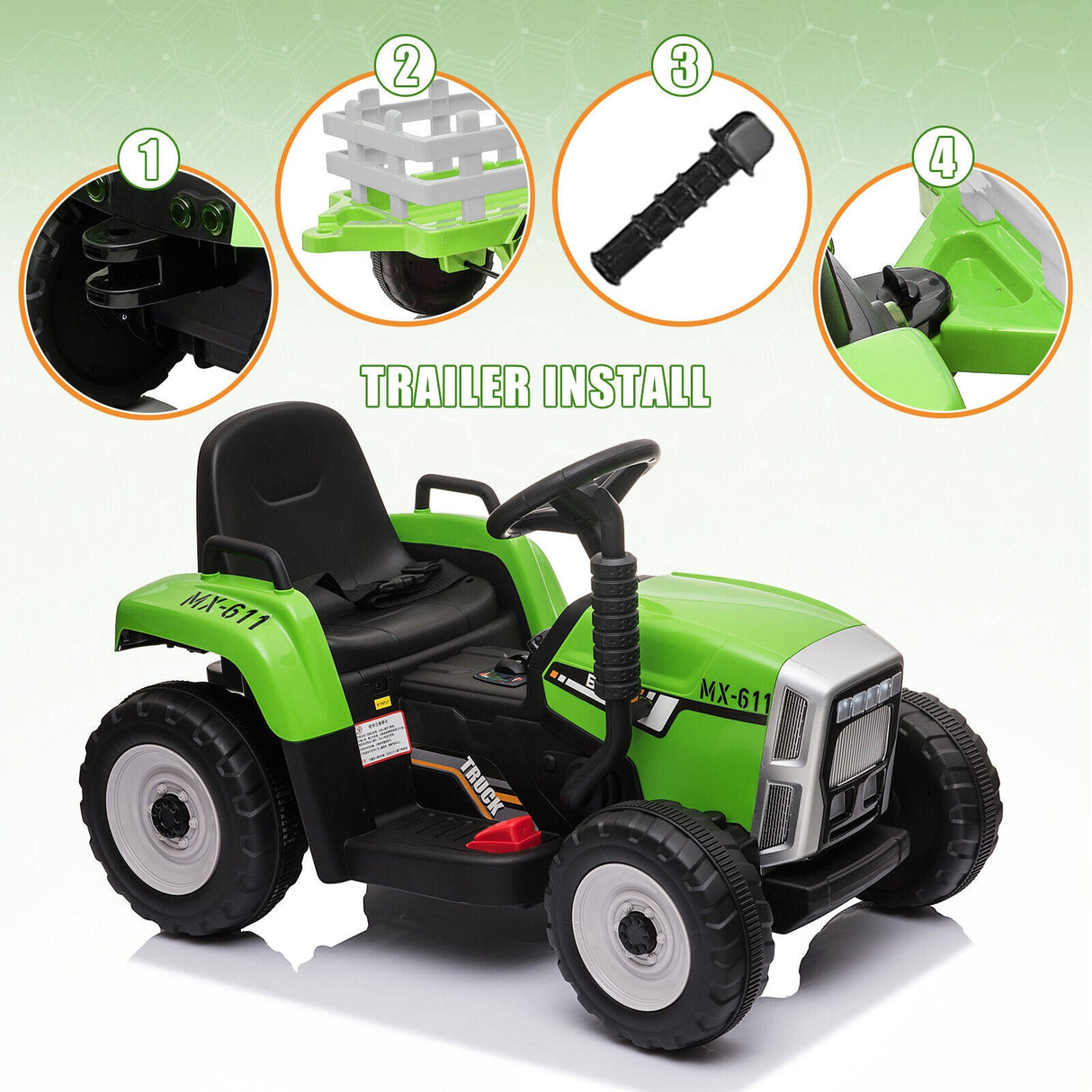 Green 12V Electric Tractor with Trailer for Kids - Remote Control Ride On Toy for Toddlers