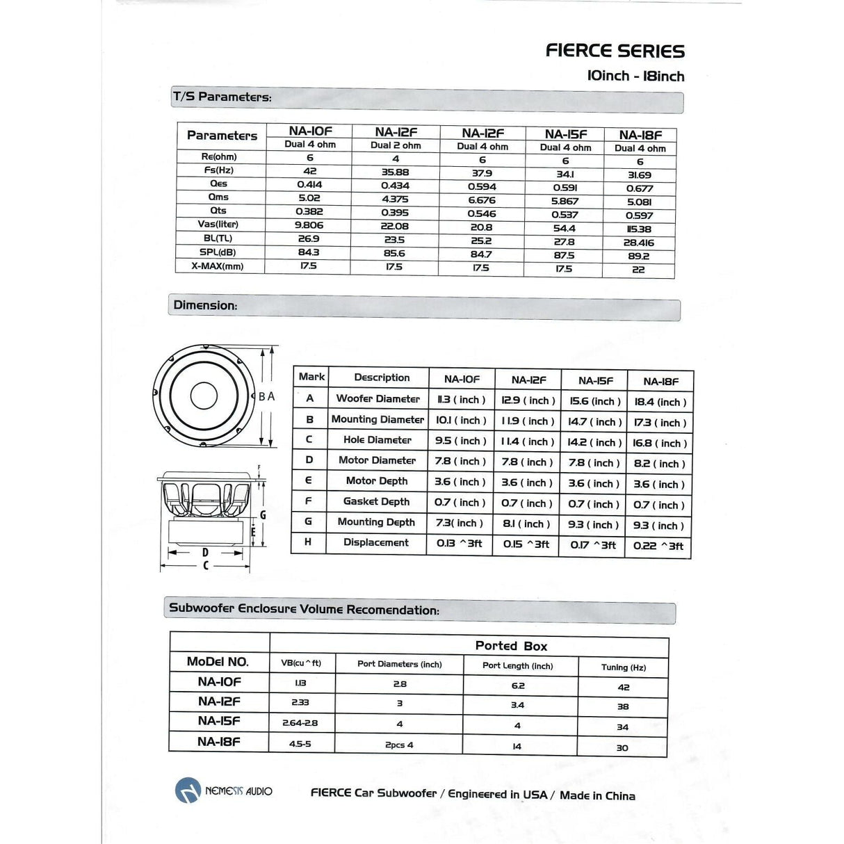 Nemesis Audio NA-10F 10" 1000W RMS Subwoofer DVC Nemesis Audio