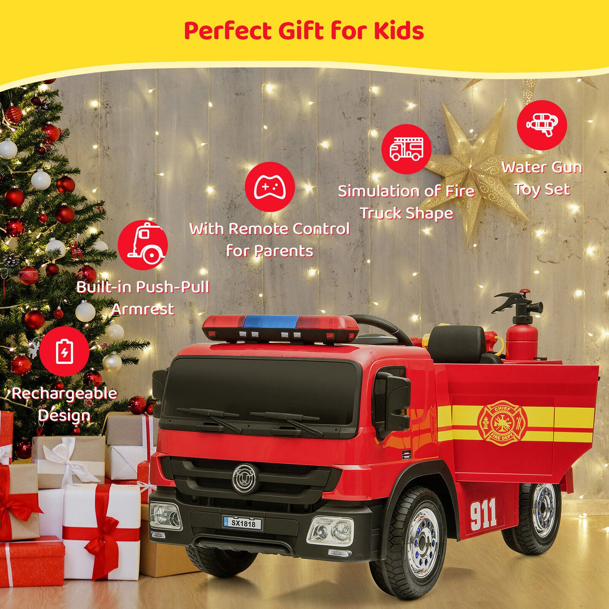 Fire Truck Battery-Powered Ride-On Car with Remote Control for Kids Ages 3-6