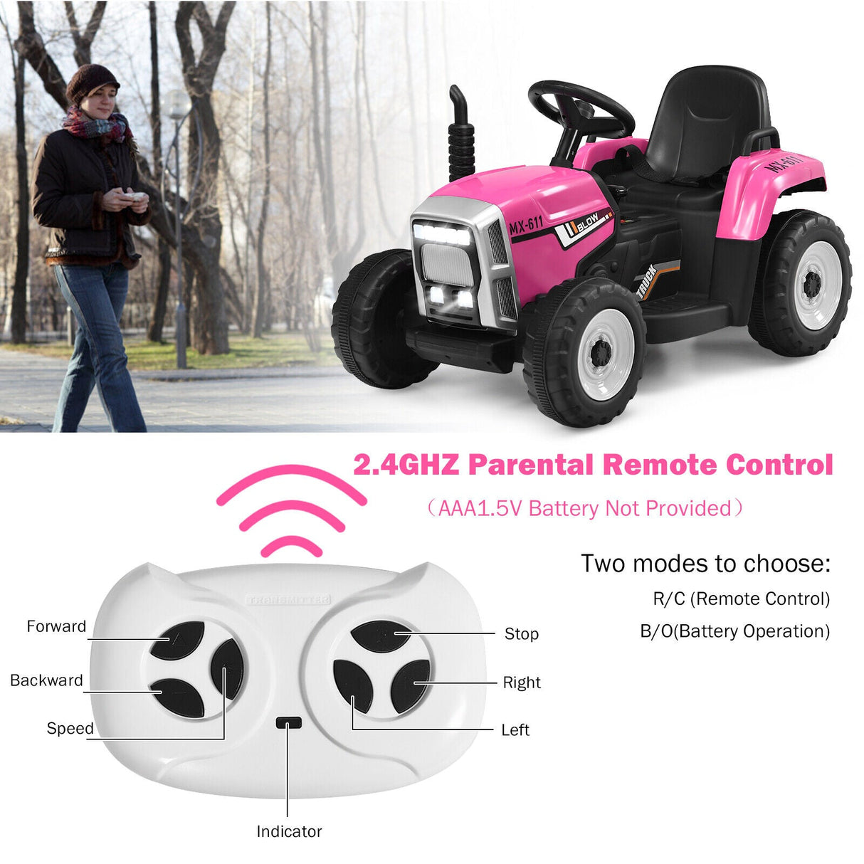 Fun and Functional 12V Pink Ride-On Tractor with Trailer and Remote Control for Kids, Featuring Lights and Ground Loader