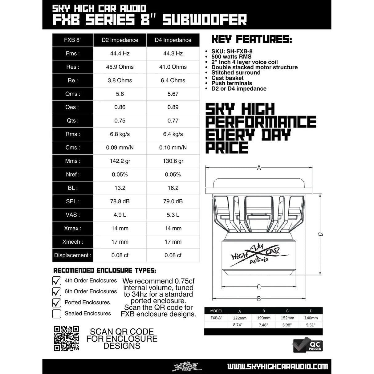 Sky High Car Audio FXB 8" 500W RMS Subwoofer DVC Sky High Car Audio
