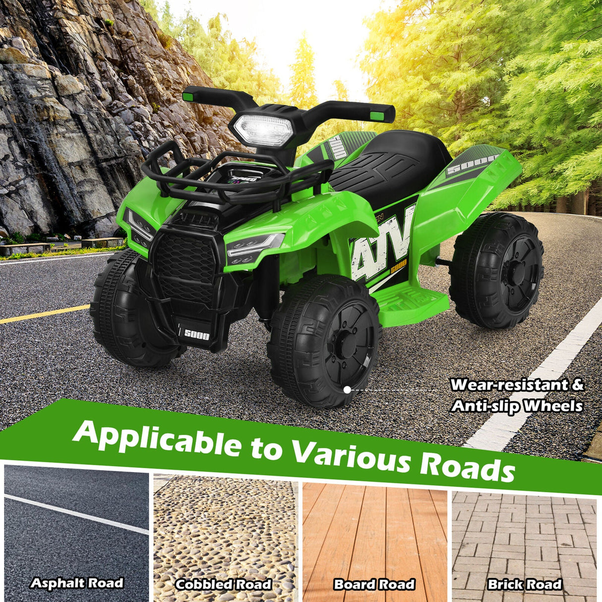 Green 6V ATV Quad Ride-On Car for Kids with Music, Horn, and LED Lights