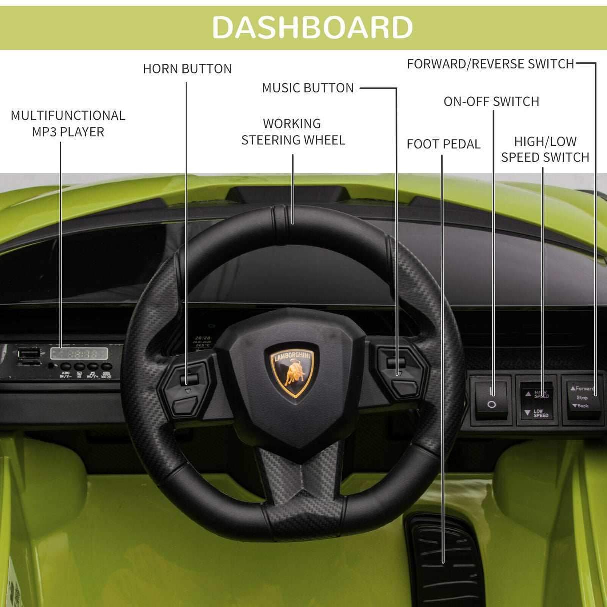 Green Lamborghini SIAN 12V Kids Ride On Car with Remote Control - Rechargeable Toy