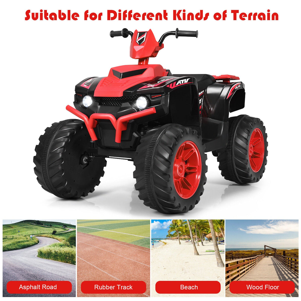 HoneyJoy 12V Kids ATV Quad Ride On Car with LED Light & Music - Red