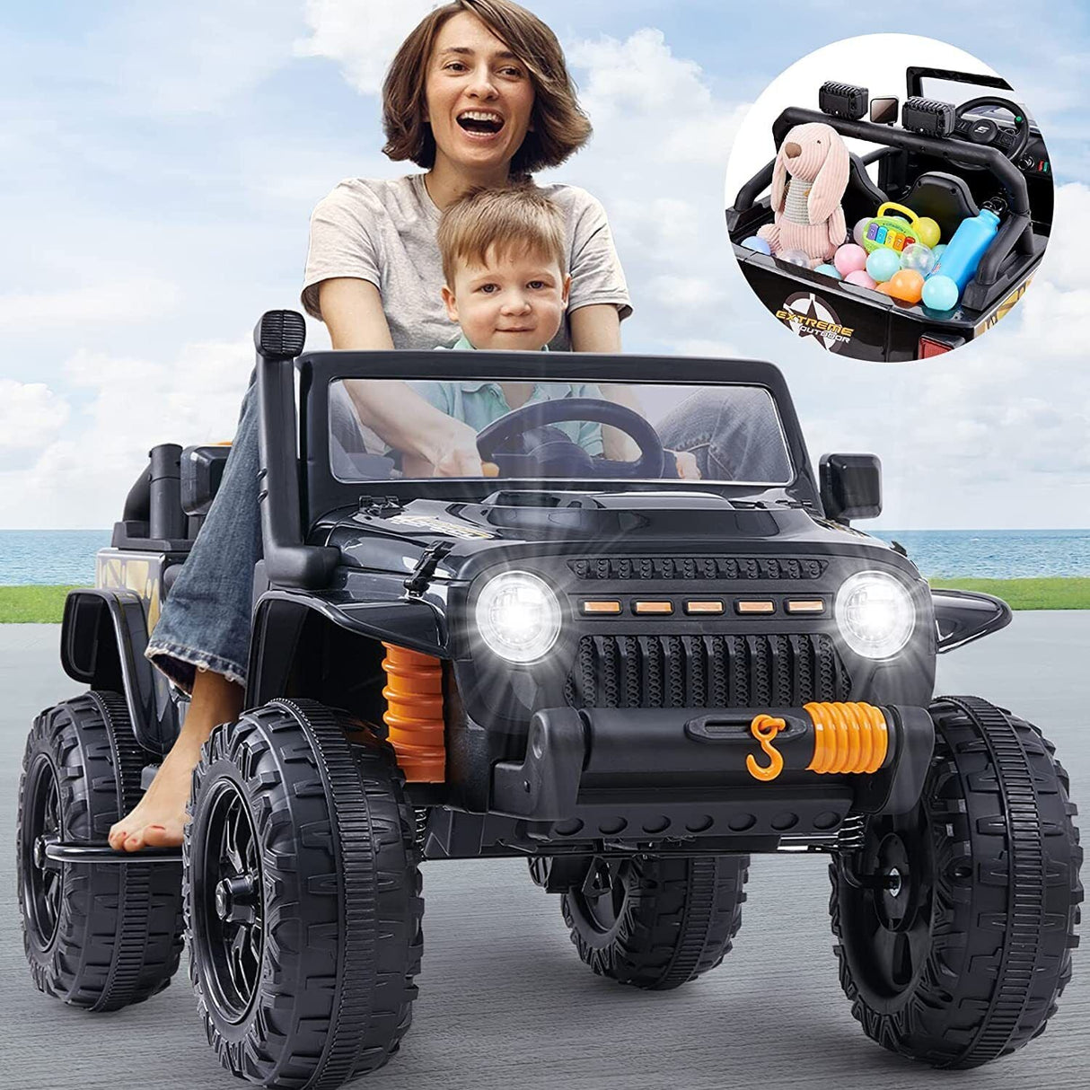 Interactive 12V Kids Car with Cushioned Spring, Cool Lights, and Remote Control