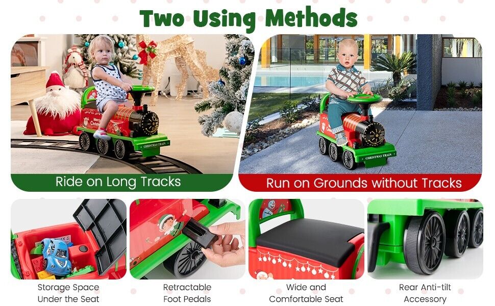 Interactive 6V Kids Ride-On Train with 16-Piece Track Set, Lights, Sounds, and Storage Seat