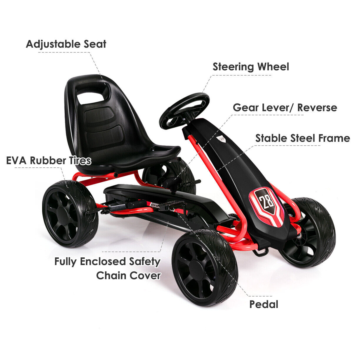 Kids' Pedal Car Go Kart - Adjustable Seat, 4 Wheels, Black