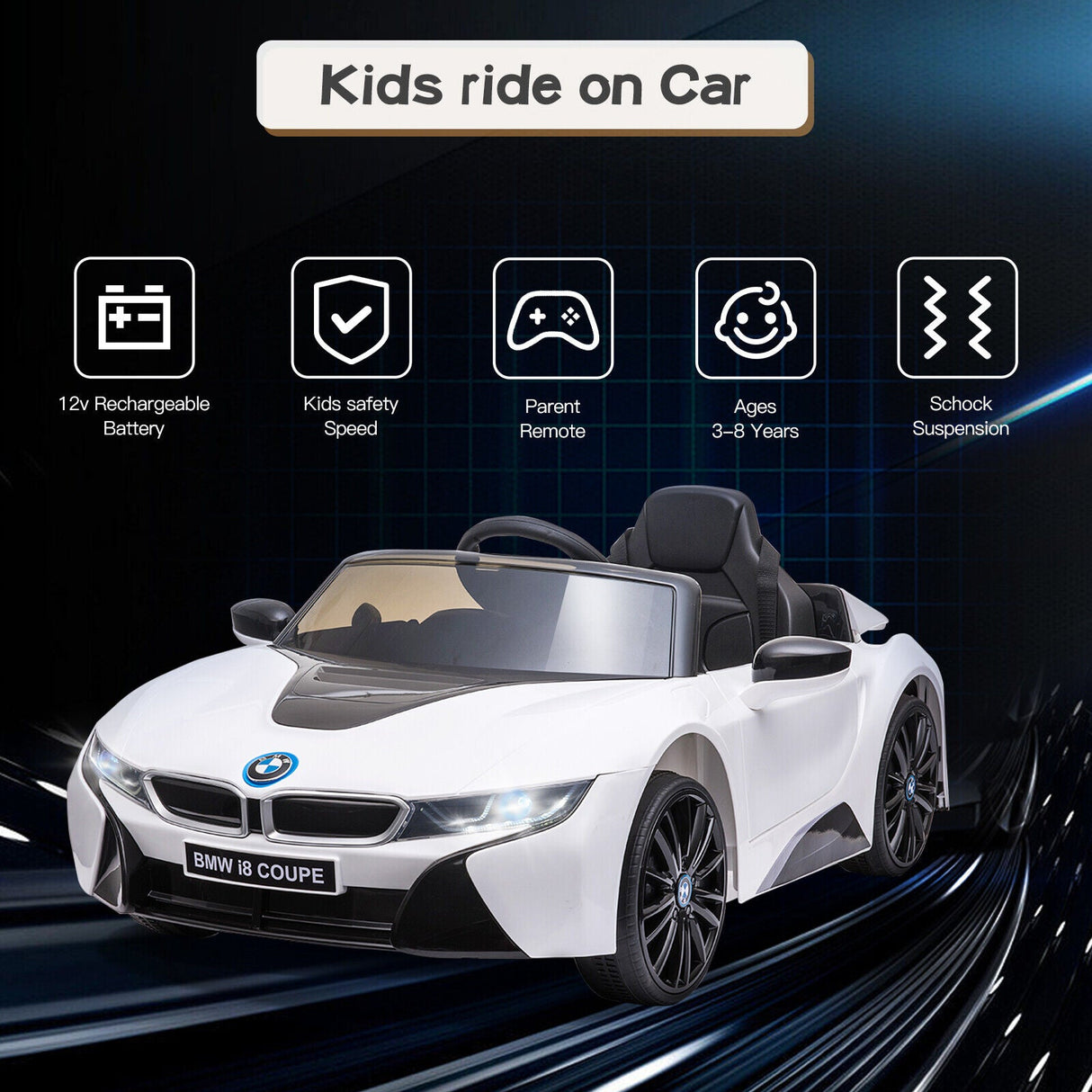 Licensed BMW i8 Style Electric Ride-On Car for Kids with Remote Control and LED MP3 Player