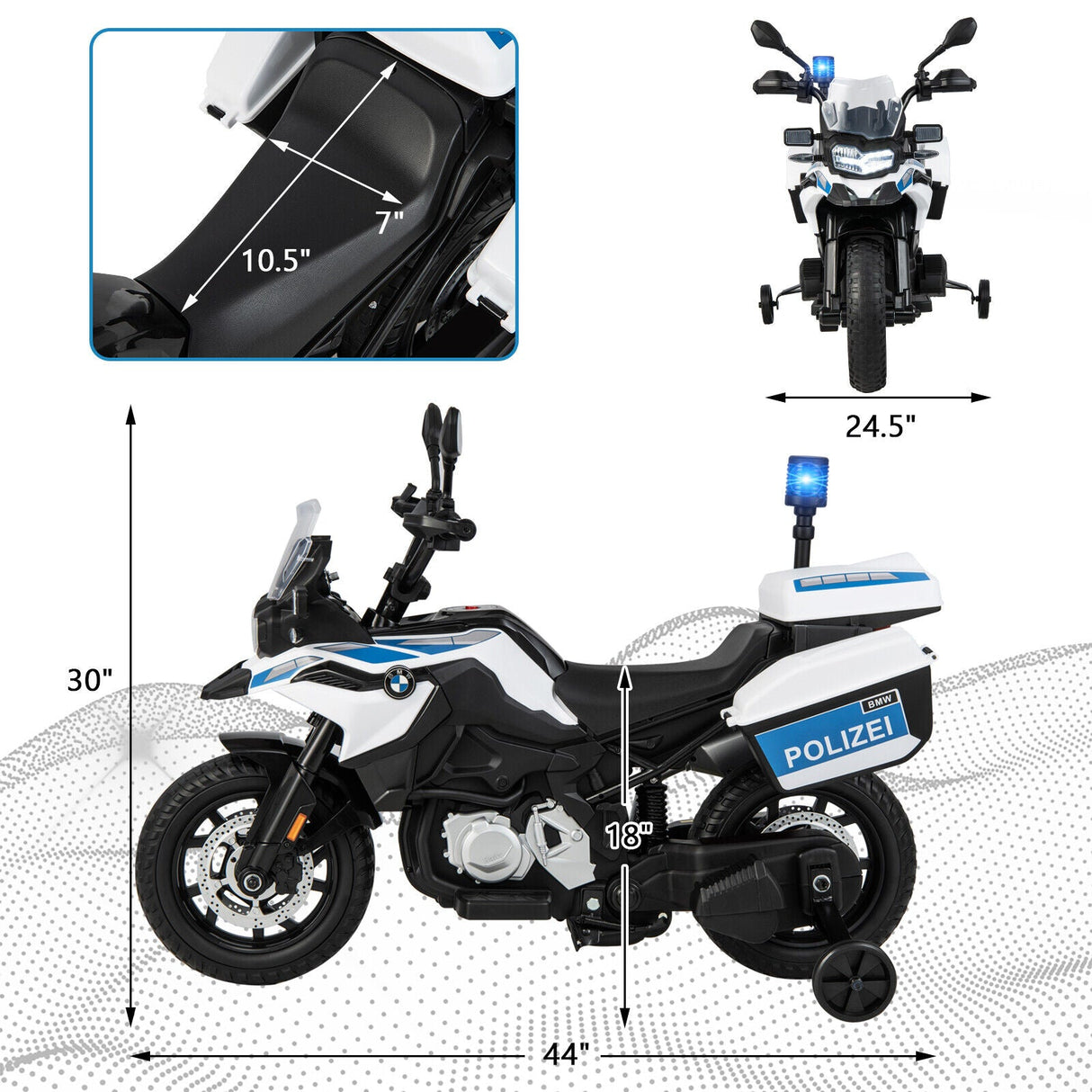 Licensed BMW Police Motorcycle Ride-On for Kids with Music and Lights - 12V White Dirt Bike