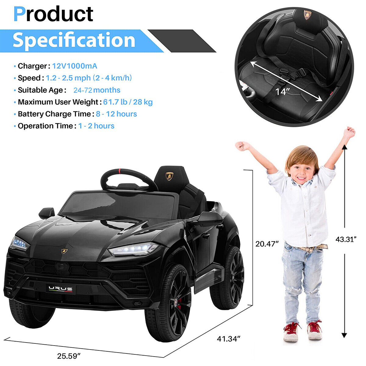 Licensed Lamborghini Urus 12V Electric Ride-On Car for Kids with Remote Control