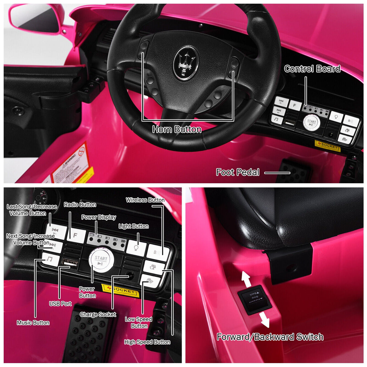 Licensed Pink Maserati GranCabrio Ride-On Car for Kids with Remote Control and Lights - 12V