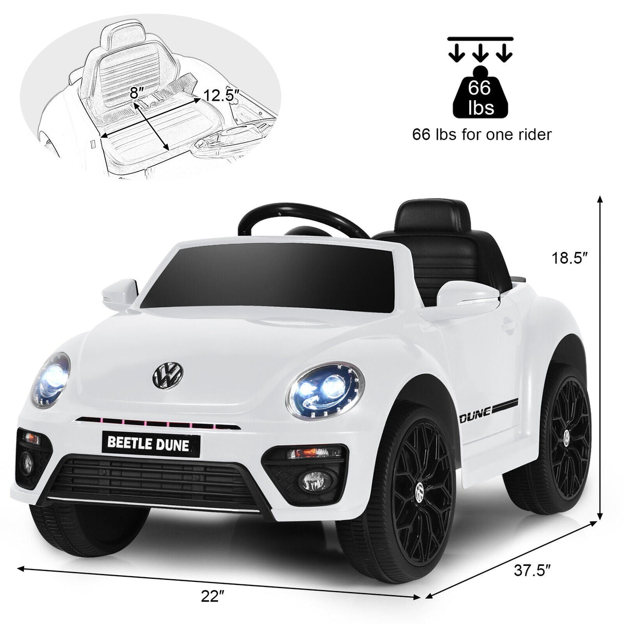 Licensed Volkswagen Beetle 12V Ride On Car for Kids with Music & Remote Control - White
