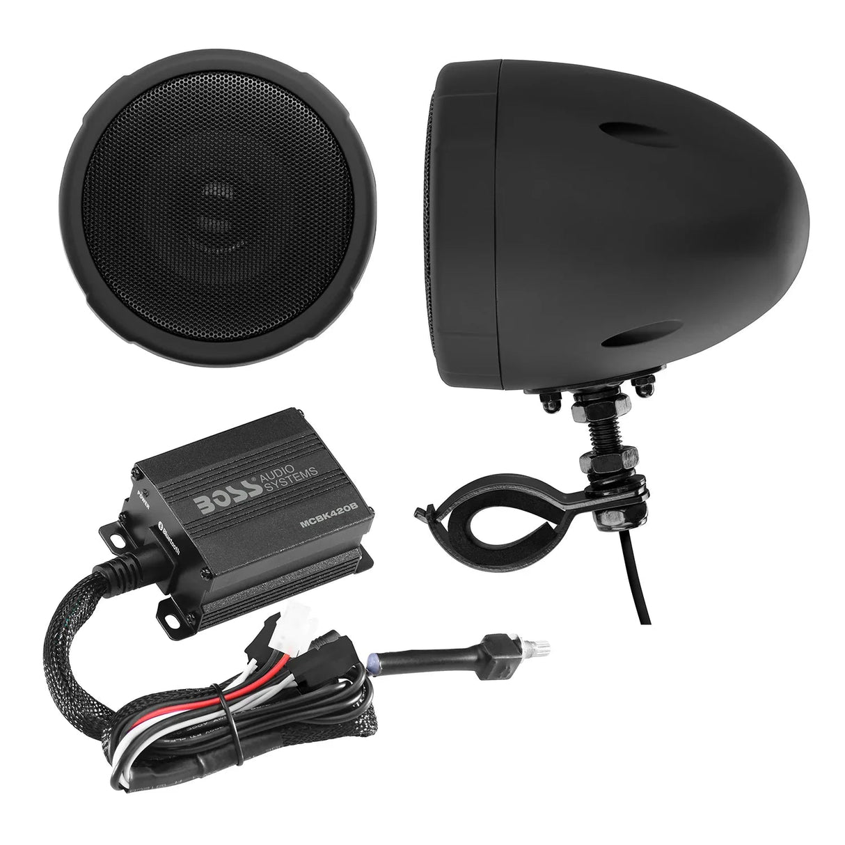 Boss MCBK420B Motorcycle Bluetooth Speaker System - Class D Compact Amplifier, 3 Inch Weatherproof Speakers Boss