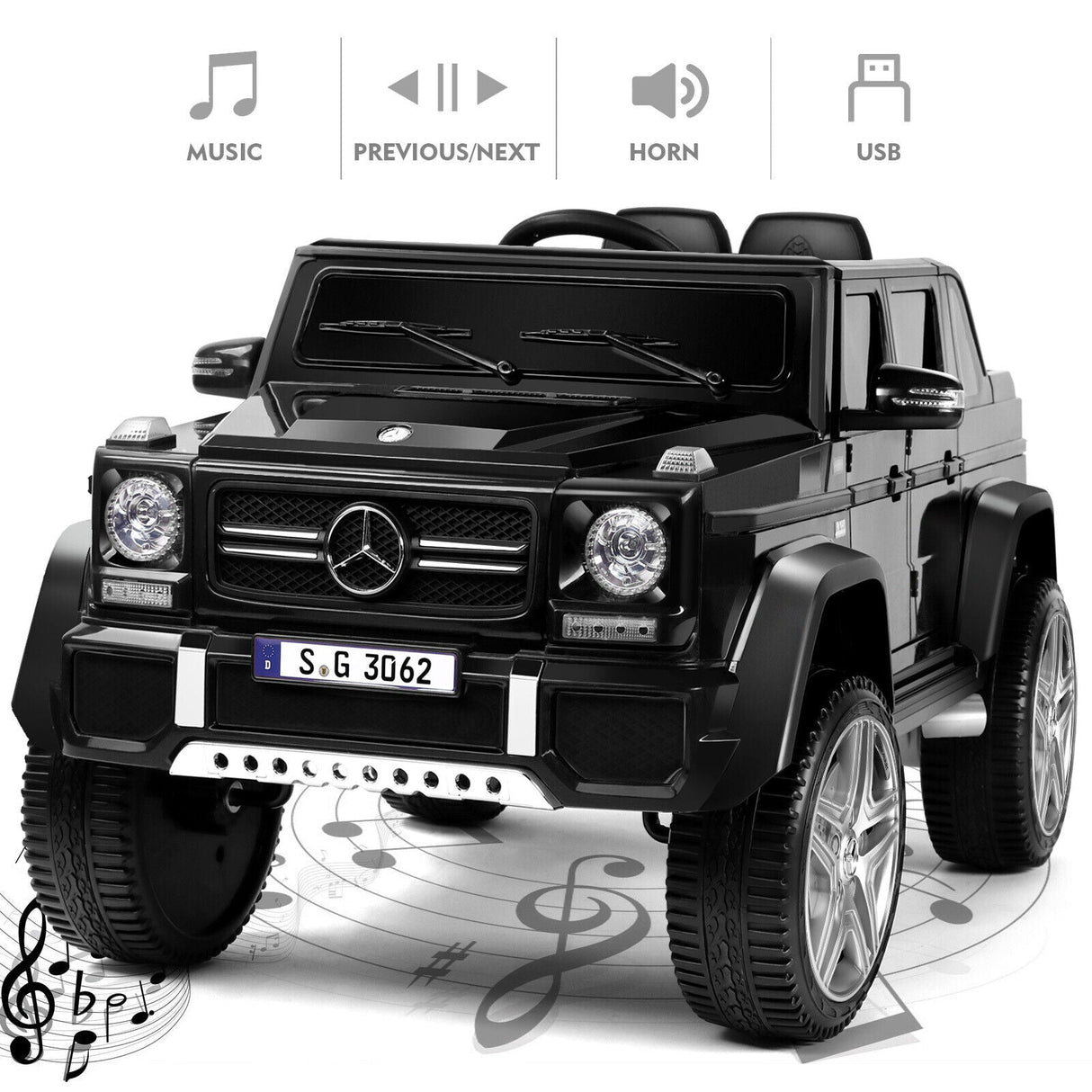 Mercedes-Benz Electric Ride-On Car for Kids with 3 Speeds, LED Lights, and Remote Control - Black