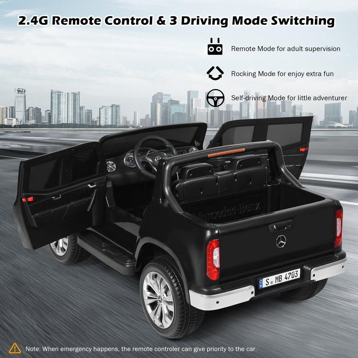 Mercedes Benz Licensed X Class RC 2-Seater 12V Kids Ride On Car with Trunk in Black