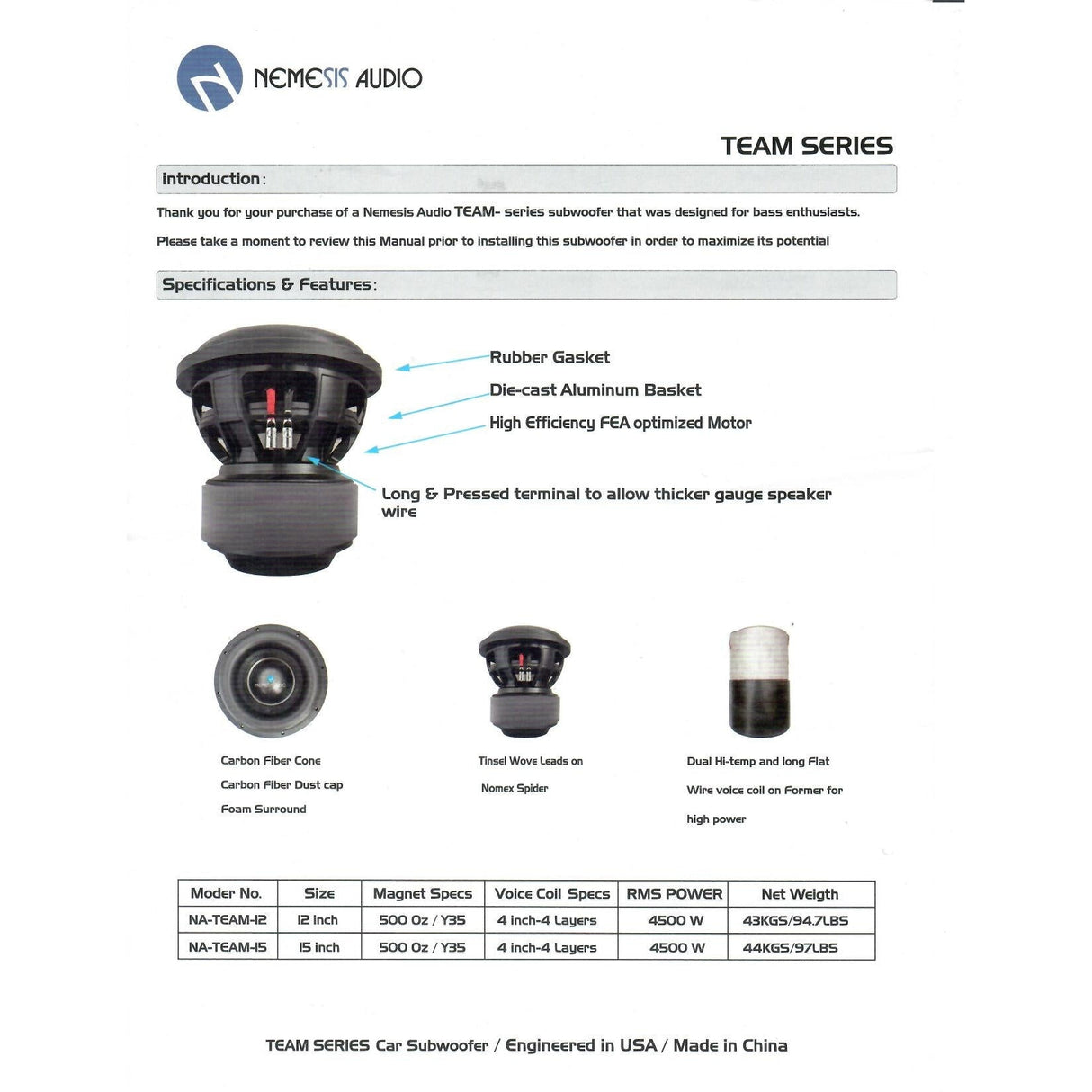 Nemesis Audio NA-TEAM-12 12" 4500W RMS Subwoofer DVC 1-Ohm Nemesis Audio