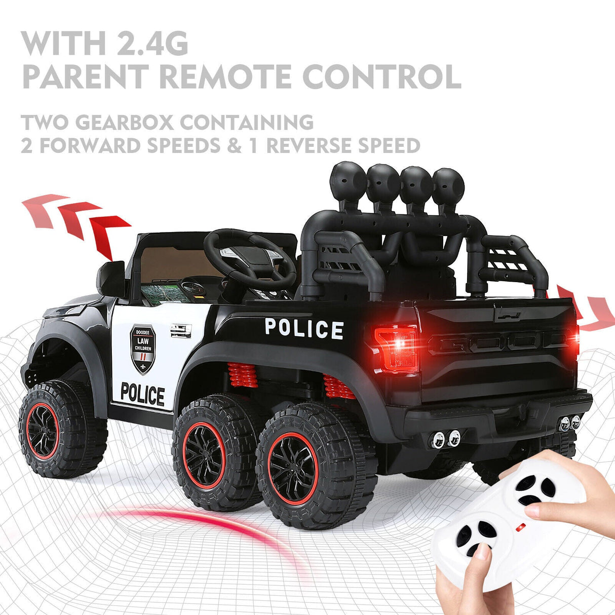 Police Car Truck for Kids with 12V Battery, 6 Wheels, LED Lights, Intercom, Siren, and Remote Control