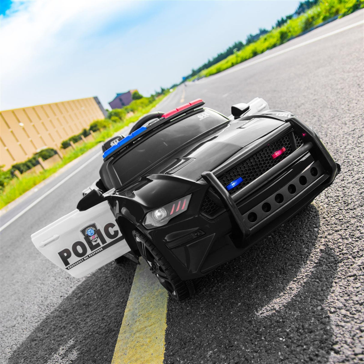 Police Electric Ride On Car for Kids with Remote Control - 12V Battery Powered in Black and White