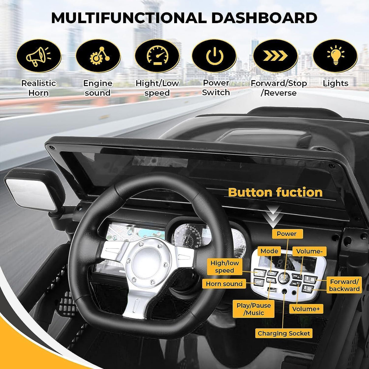 Premium 12V Electric Ride-On Jeep for Kids with Remote Control, LED Lights, AUX & USB, and 3 Speed Options